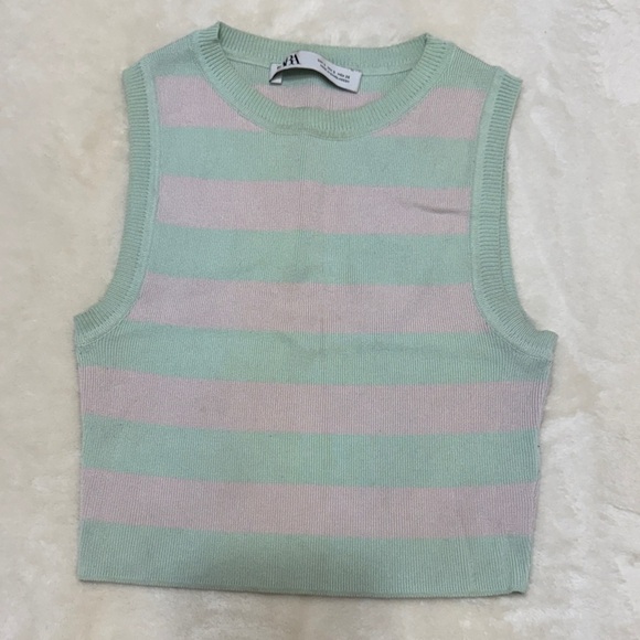 Zara Tops - Zara Mint and Pink Striped Crop Top